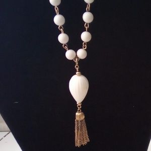 Vintage 36" White & Gold Beaded Tassel Necklace.